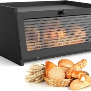Bread Box for Kitchen Countertop Large Bread Box Farmhouse Bread Container Bread Storage with Window Bread Holder Black