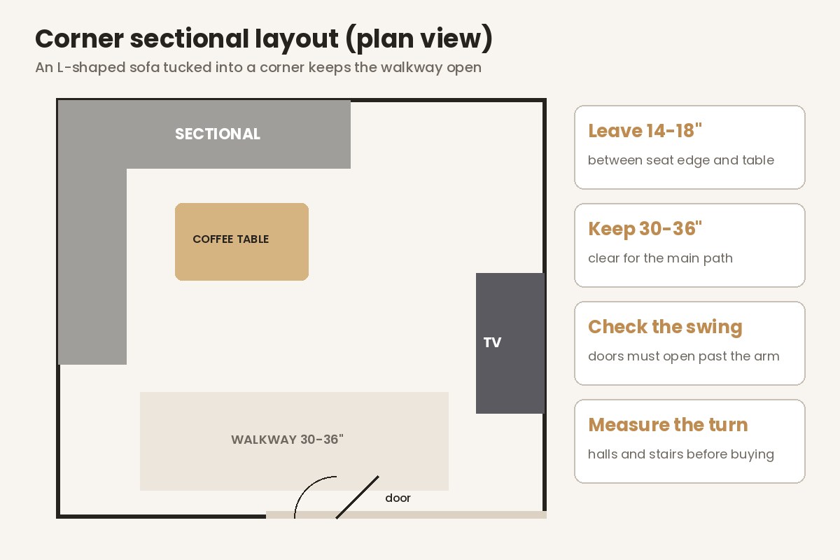Right sofa size for a living room - plan view of a corner sectional layout with walkway clearance