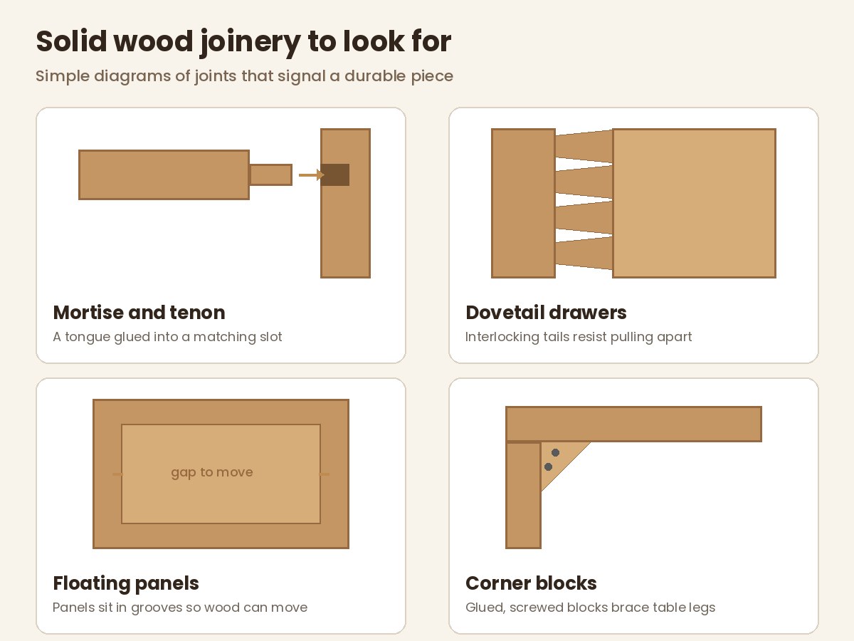Solid wood furniture joinery diagram - mortise and tenon, dovetail, floating panel and corner block